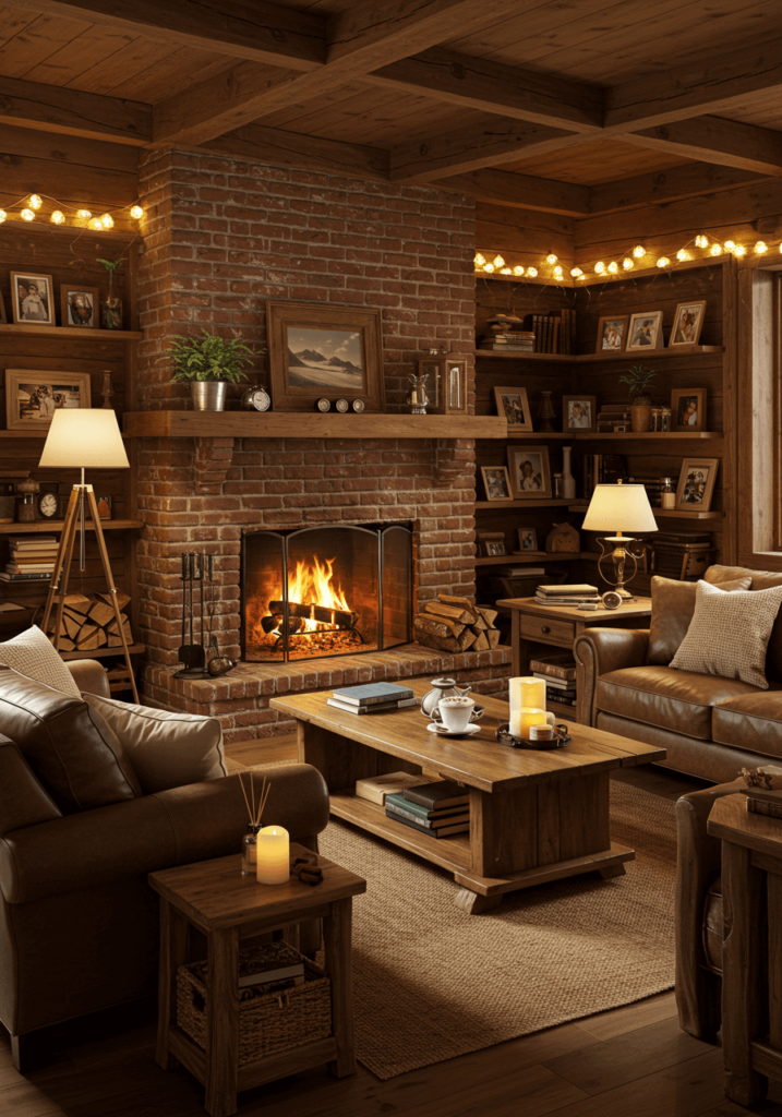 A charming cabin-style living room