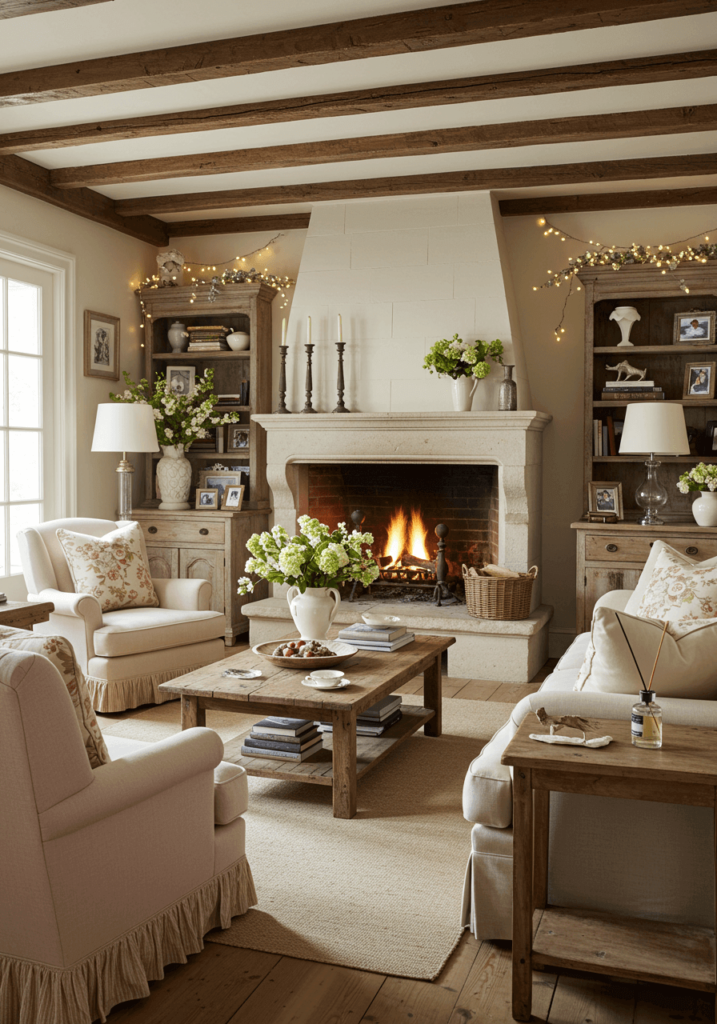 A cozy French country living room with a whitewashed stone fireplace