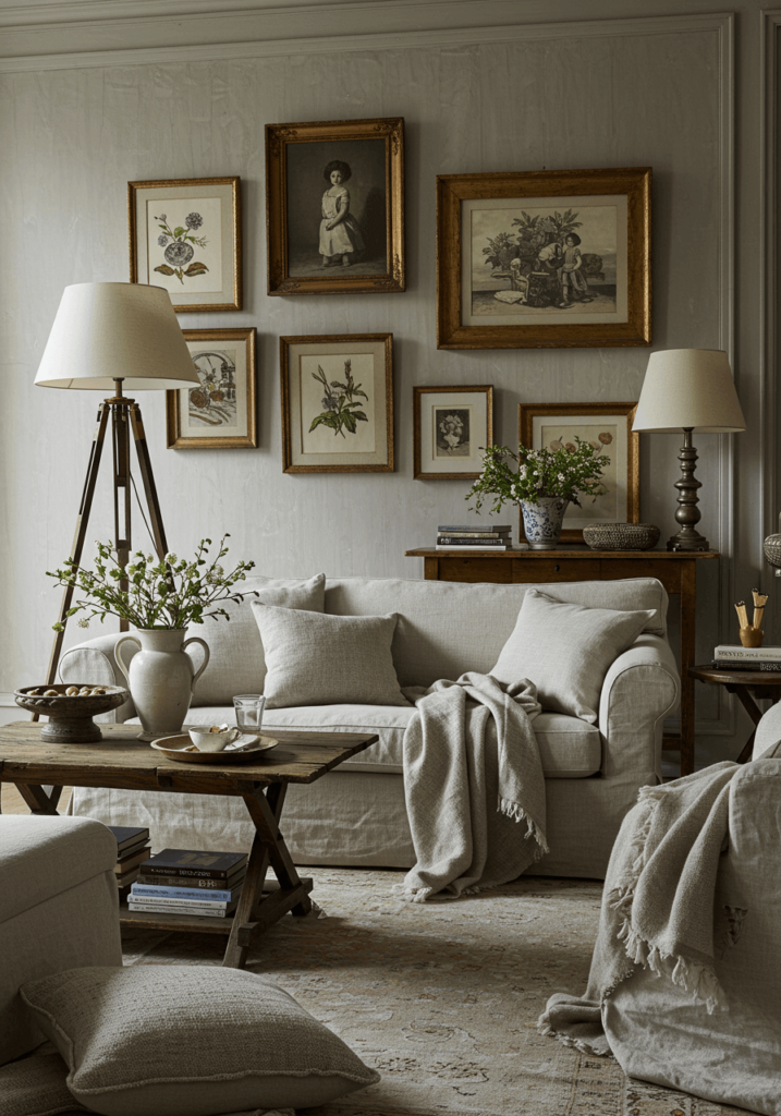 A cozy and elegant French country living room with layered textiles