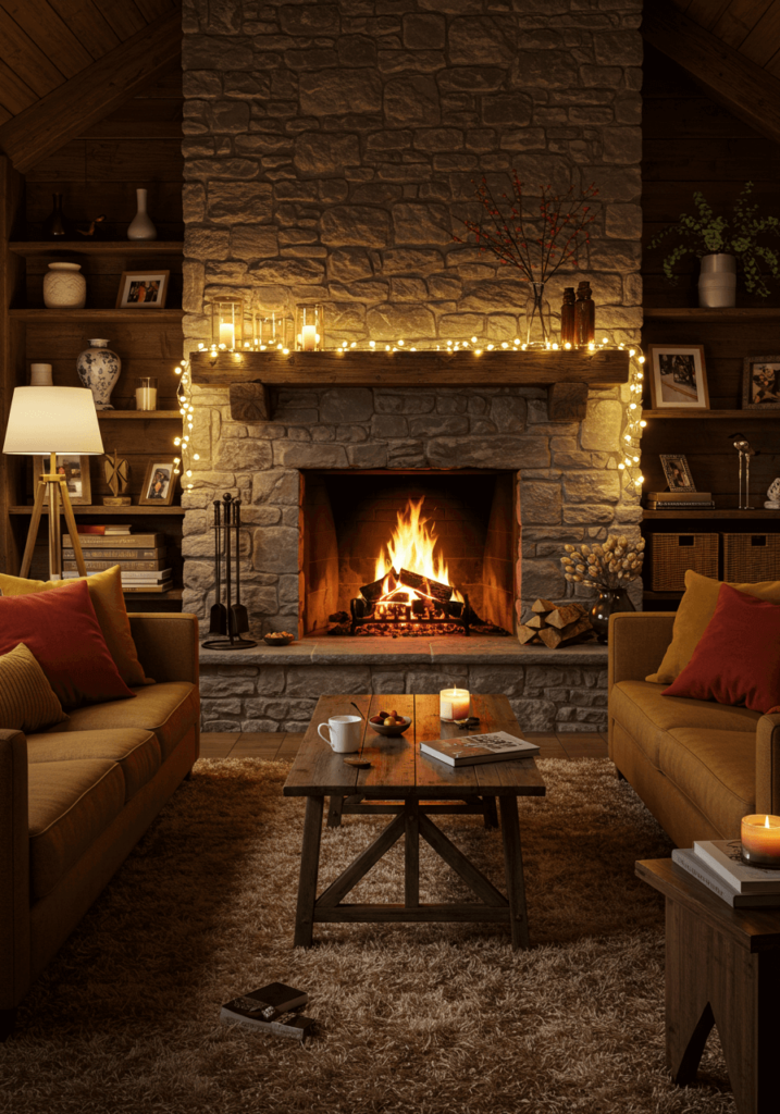 A cozy living room centered around a grand stone fireplace