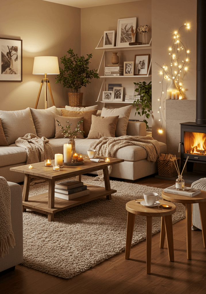 A cozy living room centered around a large, fluffy sectional sofa