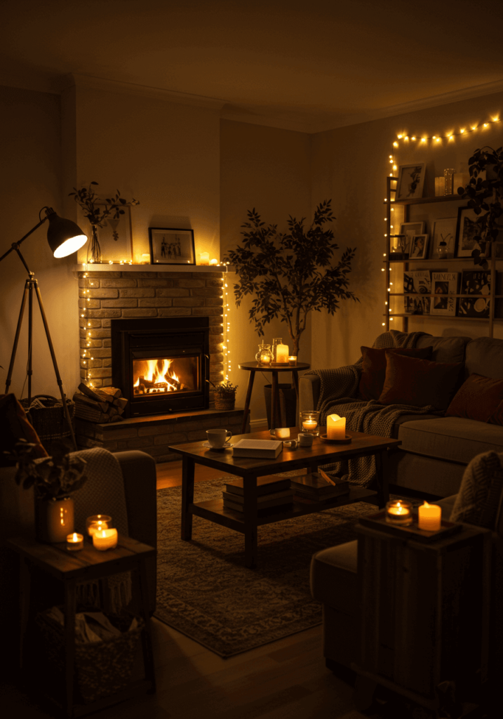 A dimly lit, cozy living room