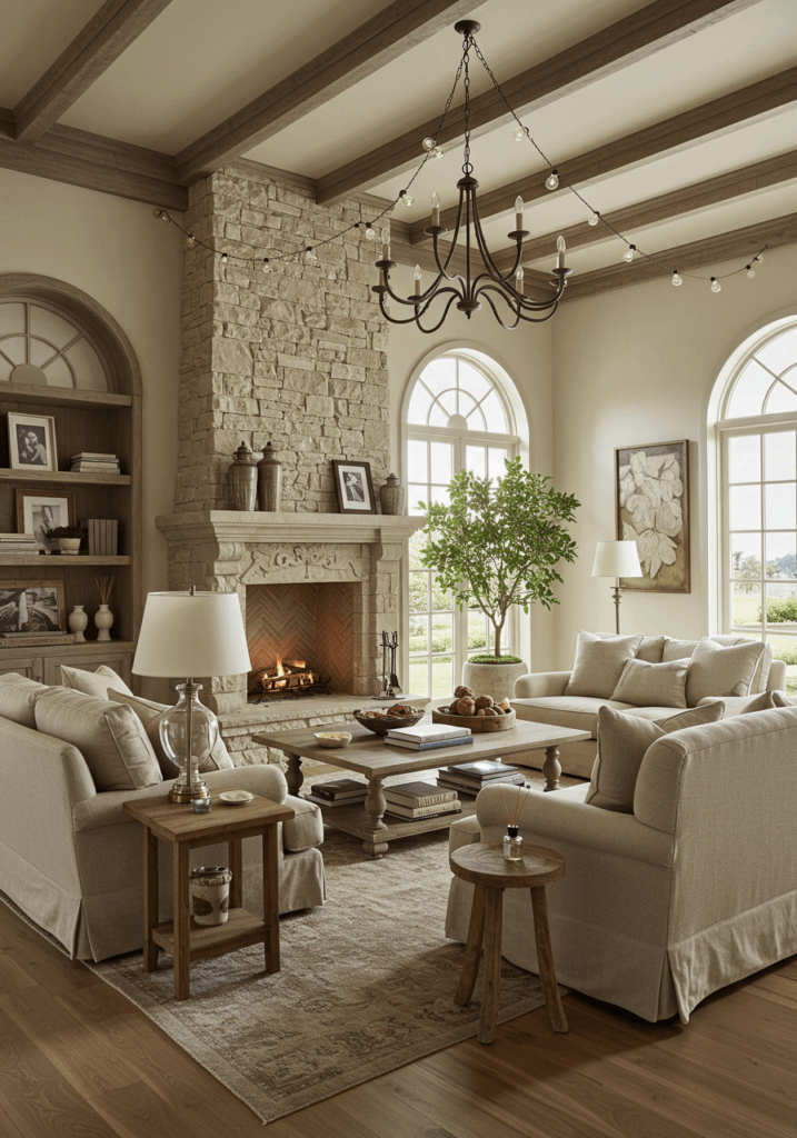 A grand French country living room with high ceilings