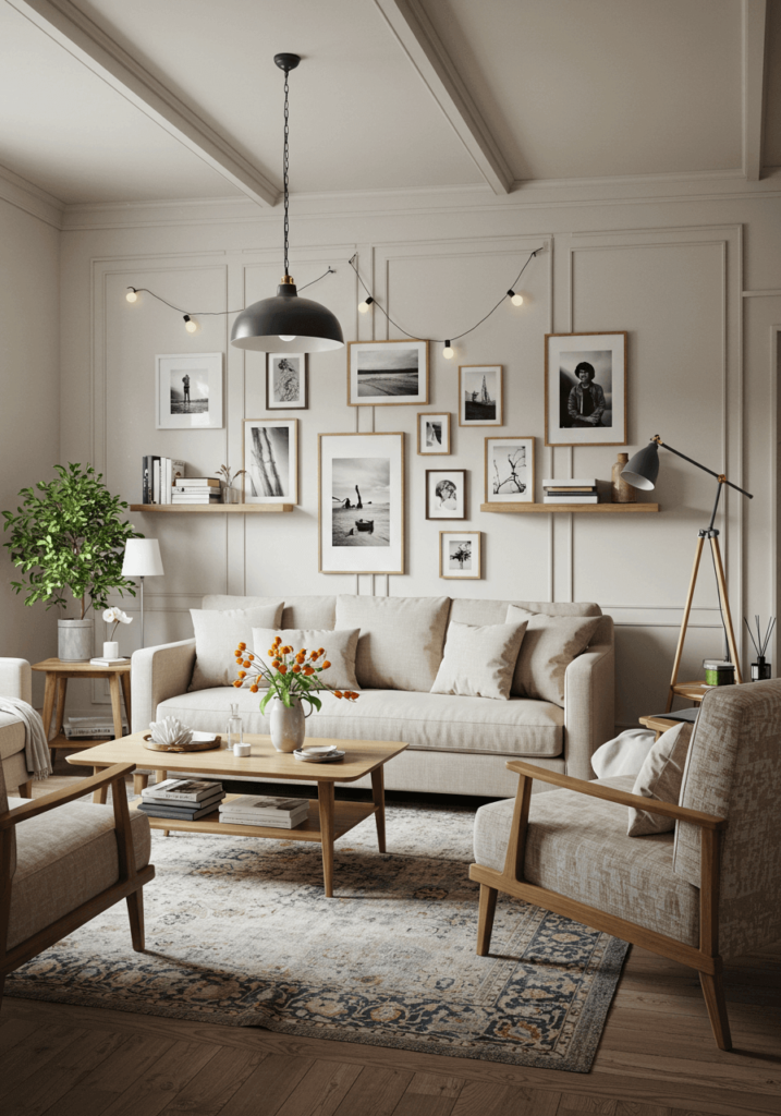 A light-filled modern French country living room featuring a mix of contemporary