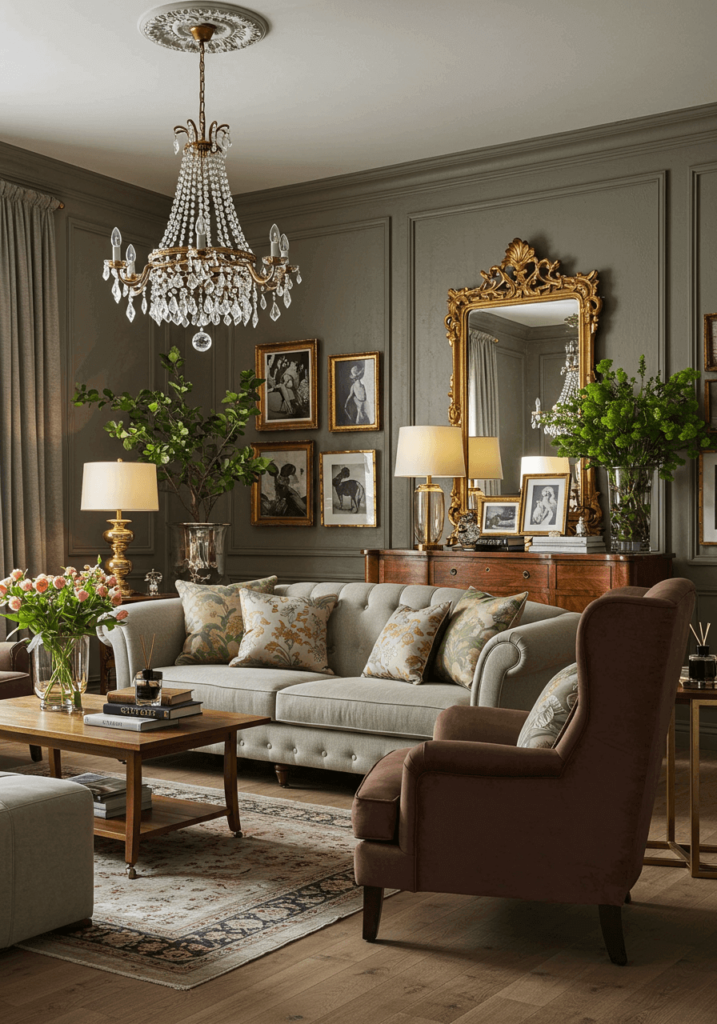 A luxurious French country living room with velvet armchairs