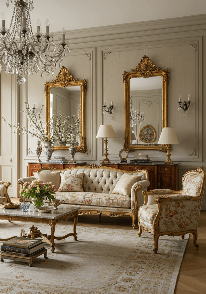 A luxurious modern French country living room with gold-framed mirrors