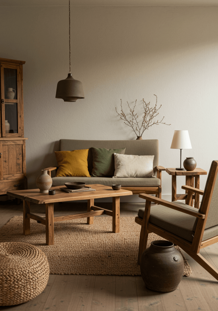 A minimalist yet primitive-inspired living room