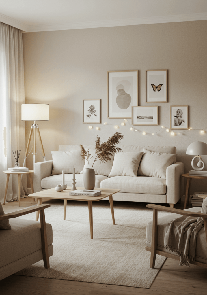 A minimalistic French country living room with soft beige tones