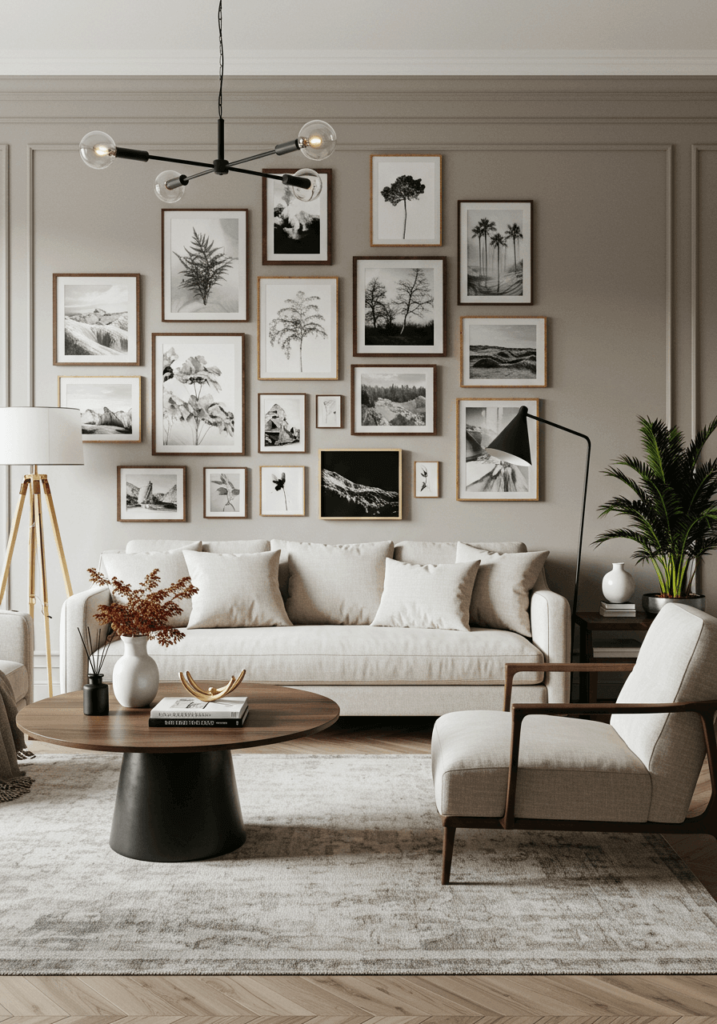 A modern French country living room with a gallery wall