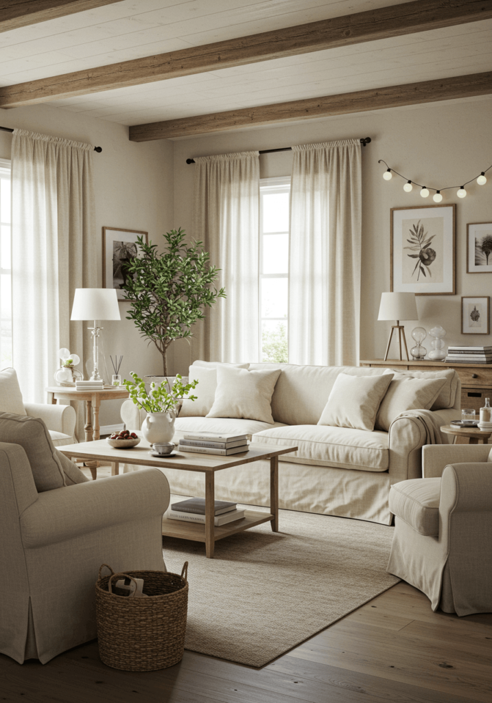 A peaceful French country living room featuring cream furniture