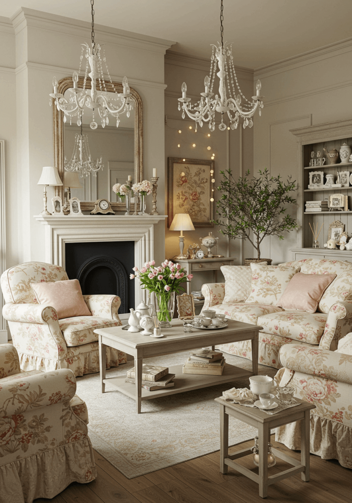 A romantic French country living room with floral accents