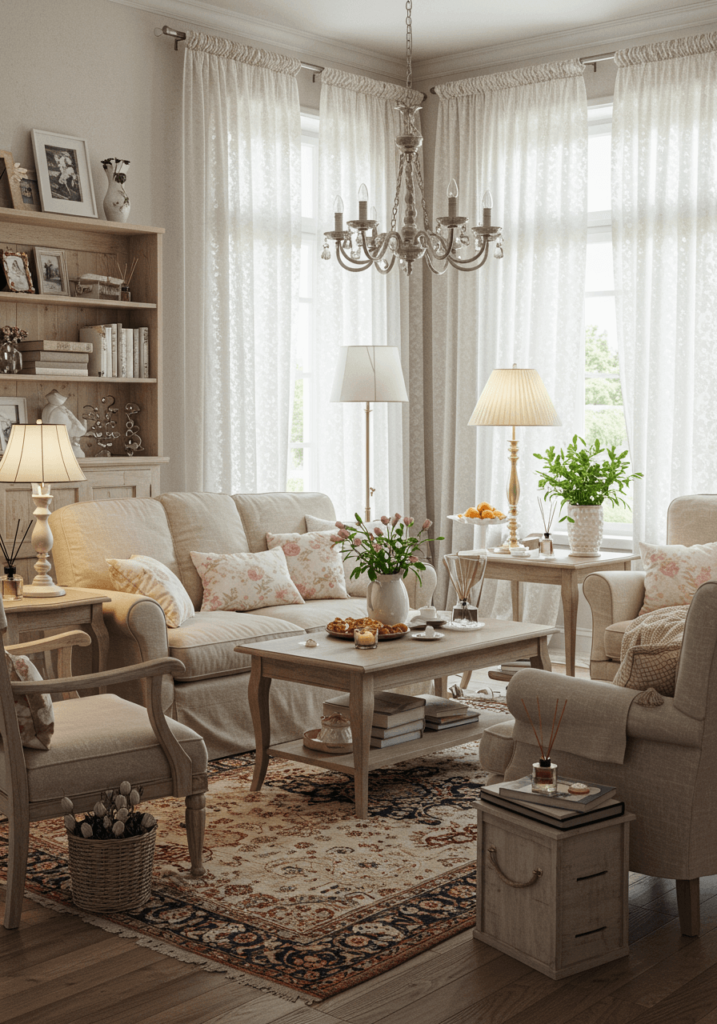 A romantic modern French country living room with lace curtains