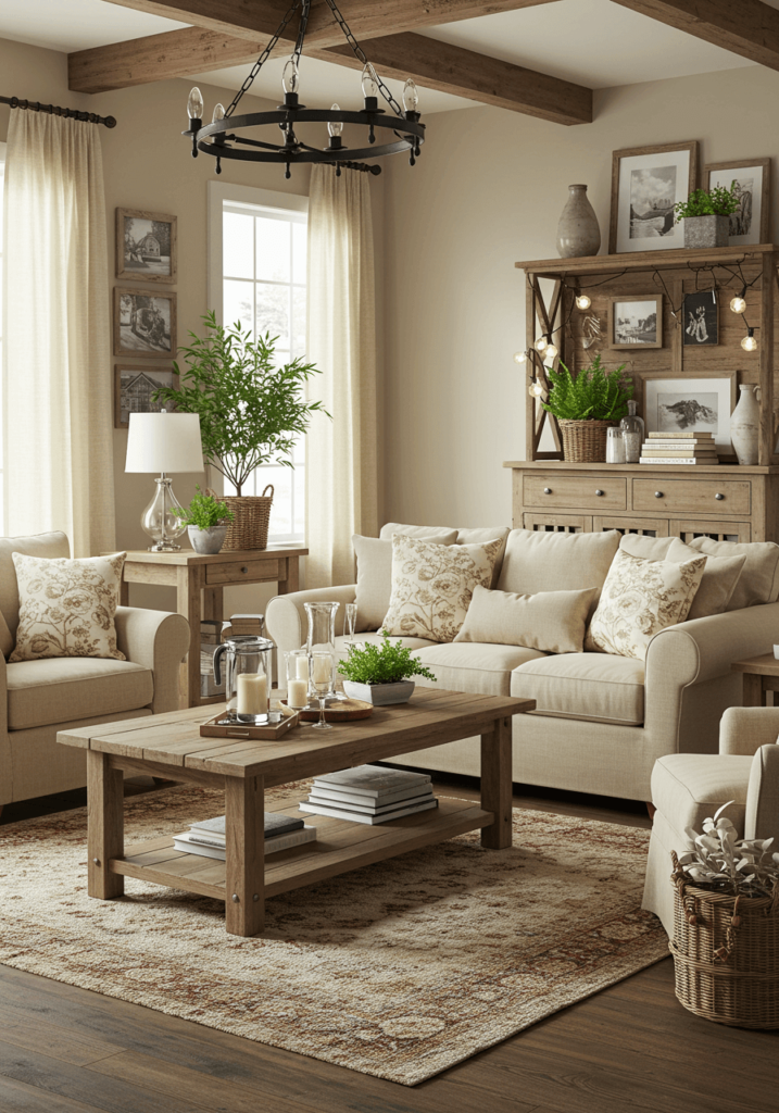 A rustic French country living room with a farmhouse-style coffee table