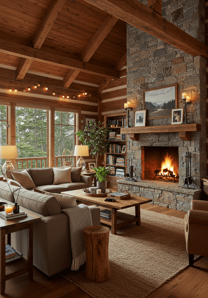 A rustic cabin-style living room