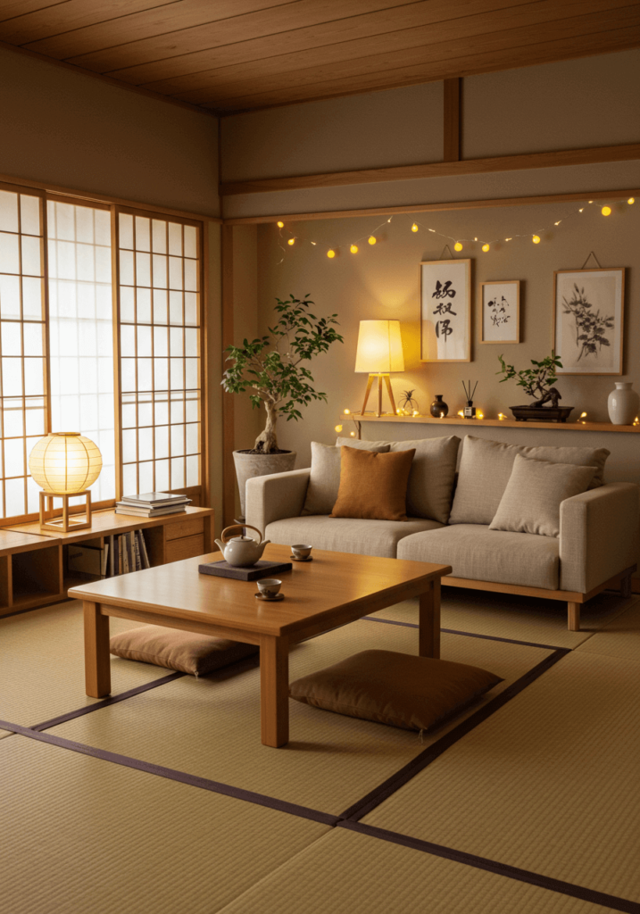 A serene Japanese-inspired cosy living room