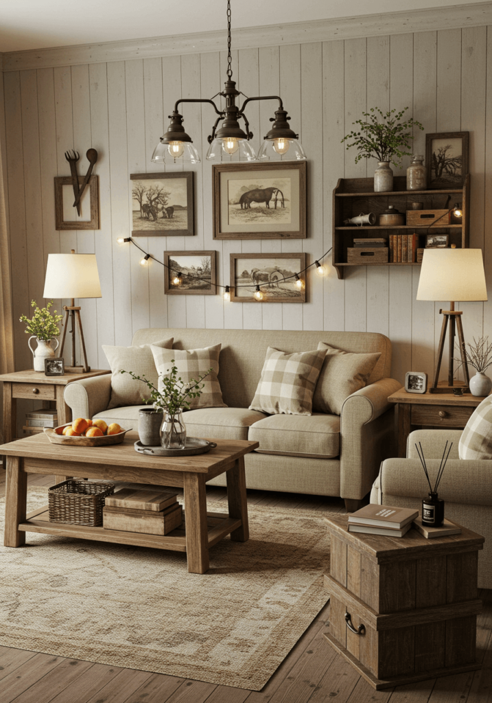 A serene and cozy living room with primitive country charm