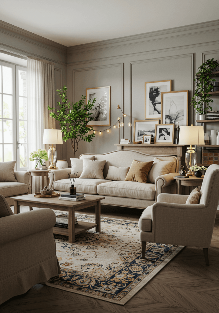 A sophisticated modern French country living room with symmetrical furniture arrangements