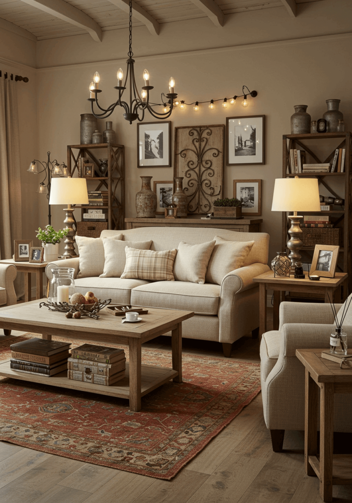 A stylish French country living room with wrought iron decor