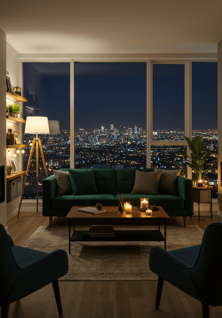 A stylish night-time city apartment living room