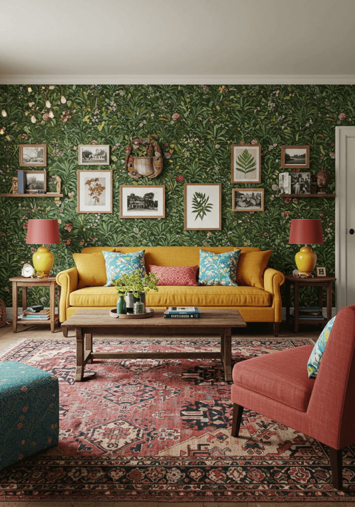 A vibrant French country living room with botanical wallpaper