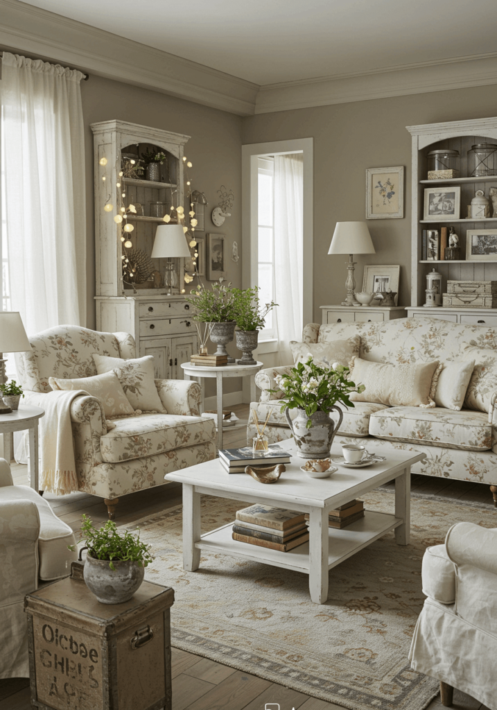 A vintage-inspired French country living room with distressed white furniture