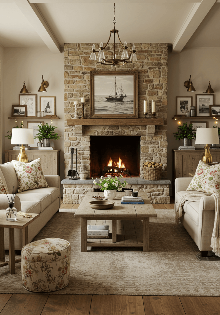 A warm French country living room with vintage brass accents