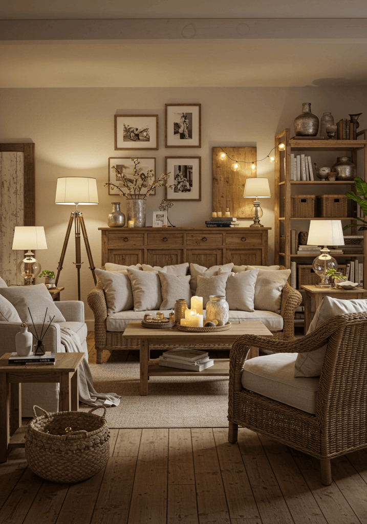 A warm and inviting French country living room with wicker furniture