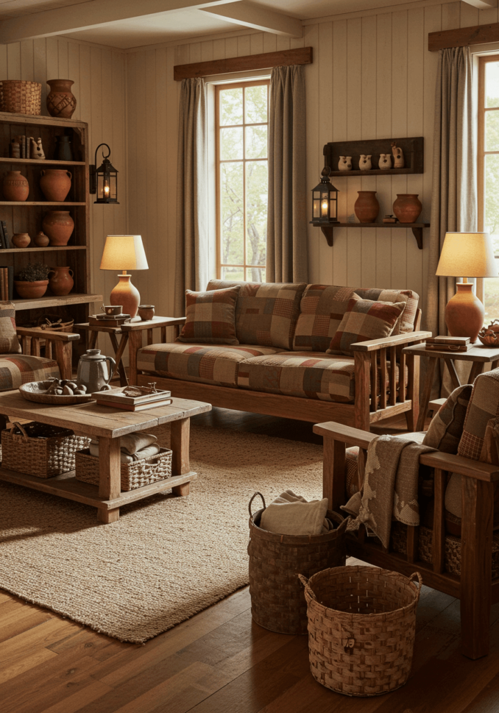 A warm and welcoming primitive living room with woven baskets