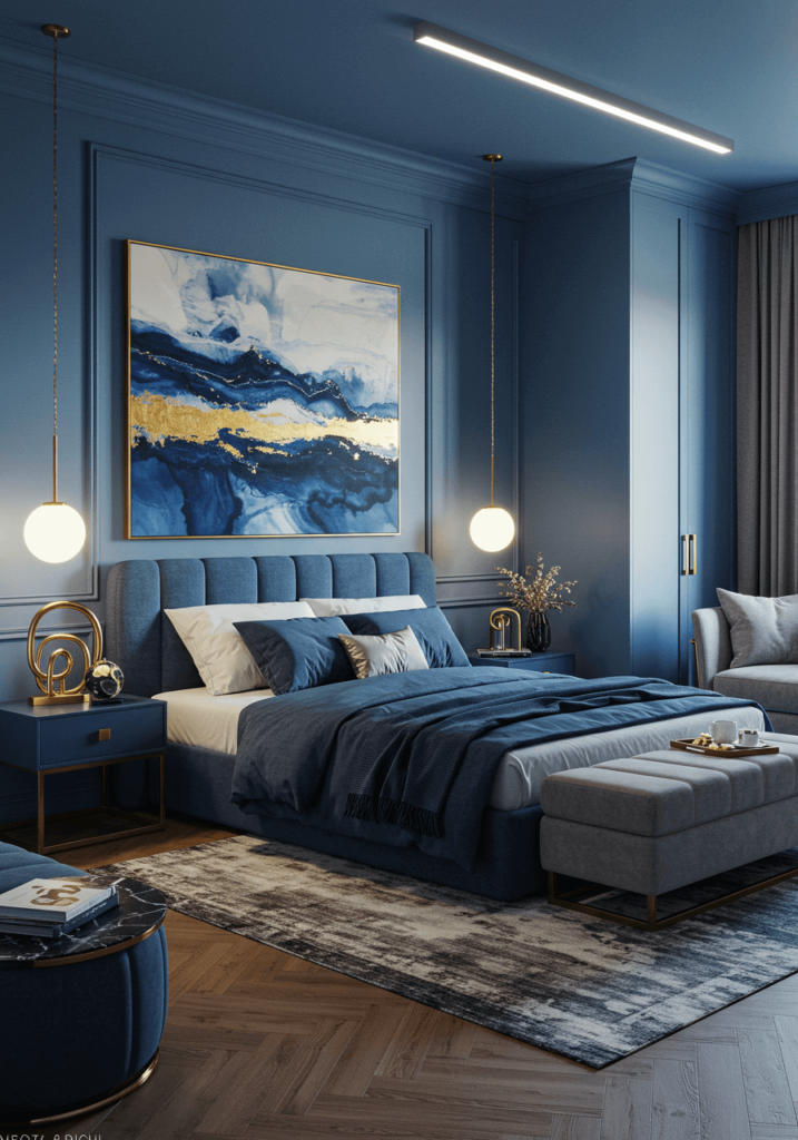 Abstract Art & High-Quality Wood Flooring in Blue Bedroom