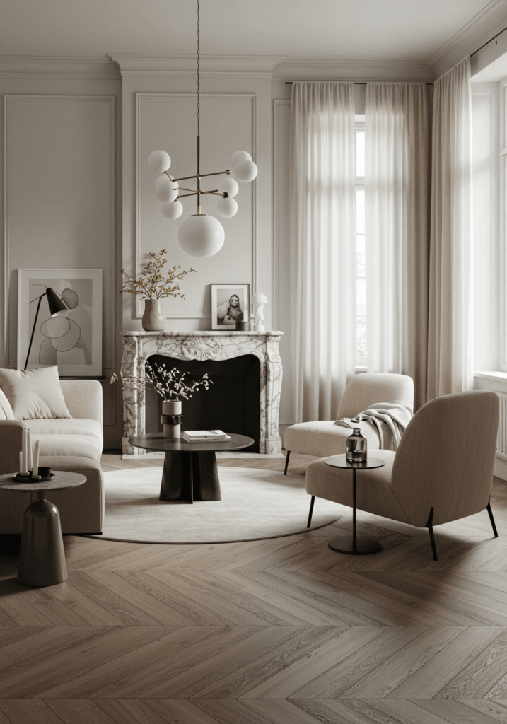 An elegant modern French country living room with herringbone wood floors