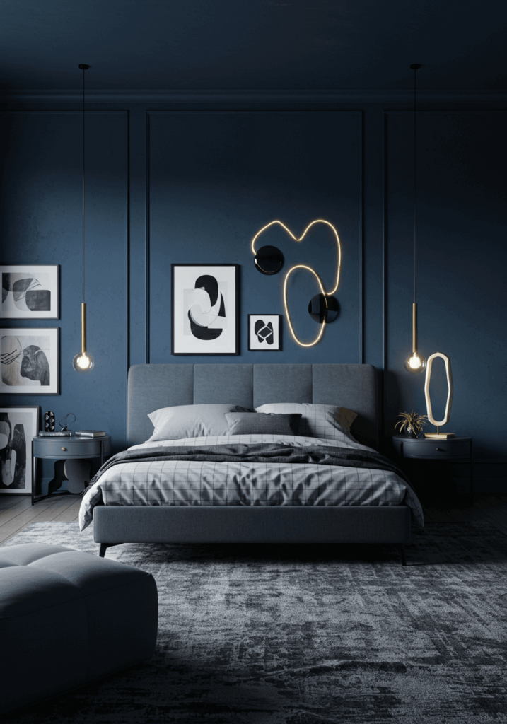 Artistic Bedroom with Stormy Blue Walls