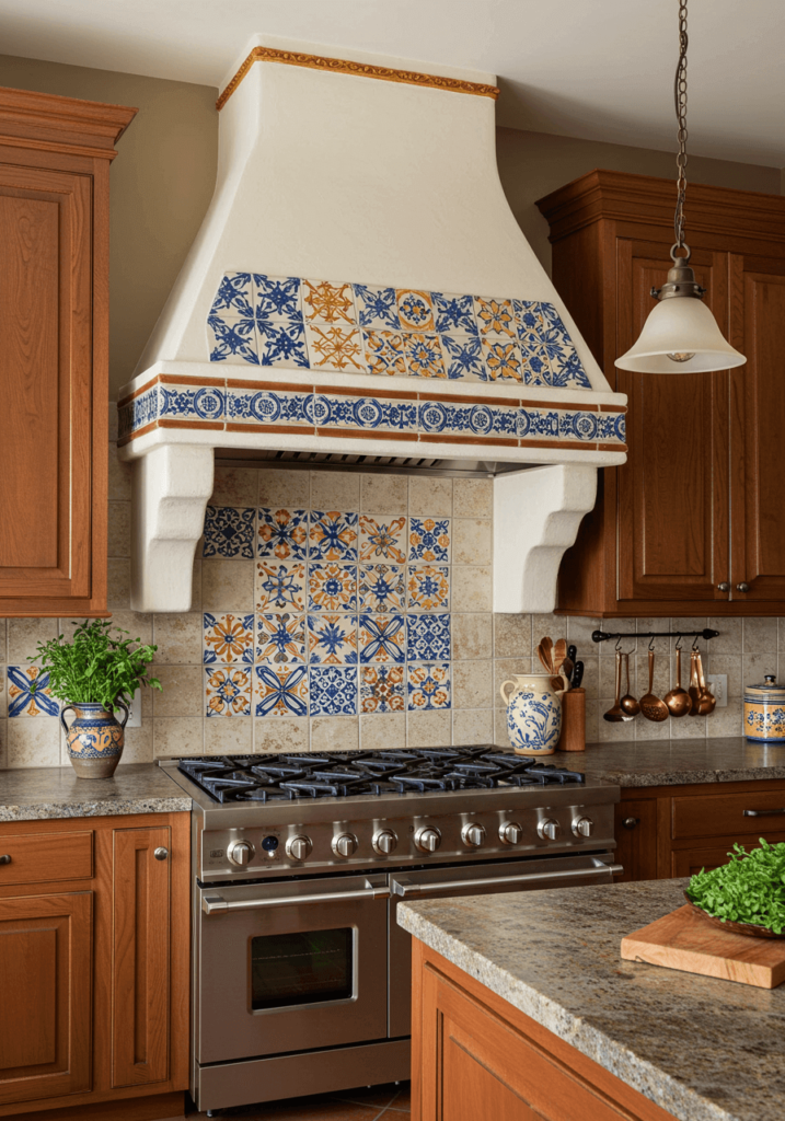 Artistic Kitchen Hood with Hand-Painted Tile Accents