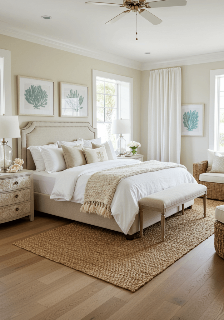 Beach Bedroom with Sandy Hues & Shell Decor