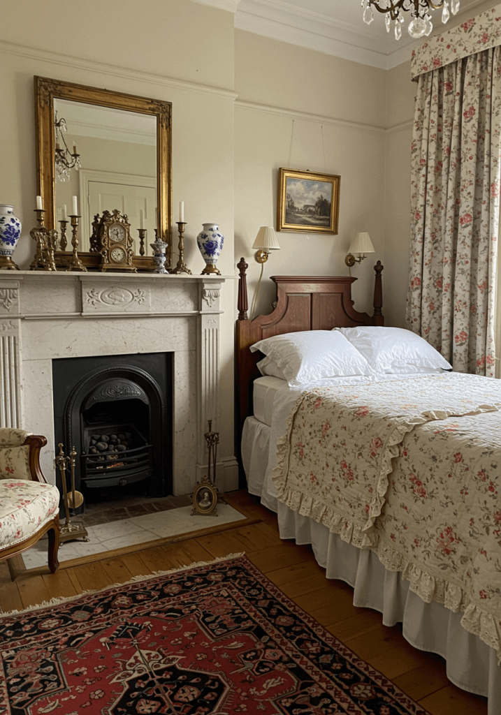 Bedroom with Fireplace and Chintz Fabrics