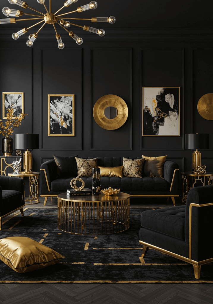 Black and gold luxury living room with velvet furnitur