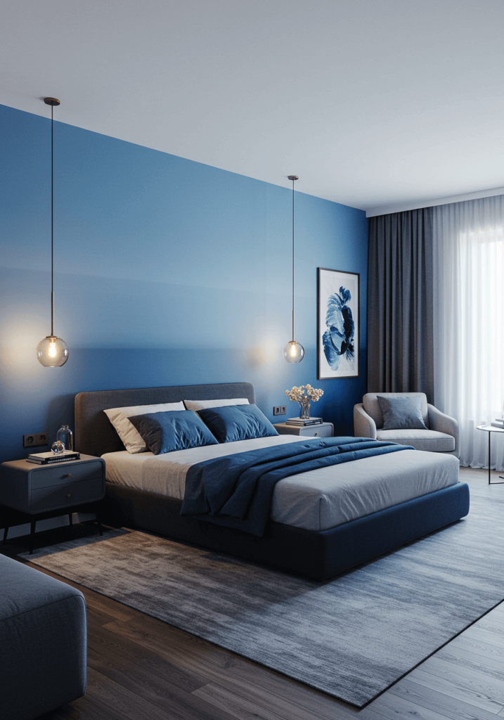 Blue Ombré Wall in a Modern Master Bedroom