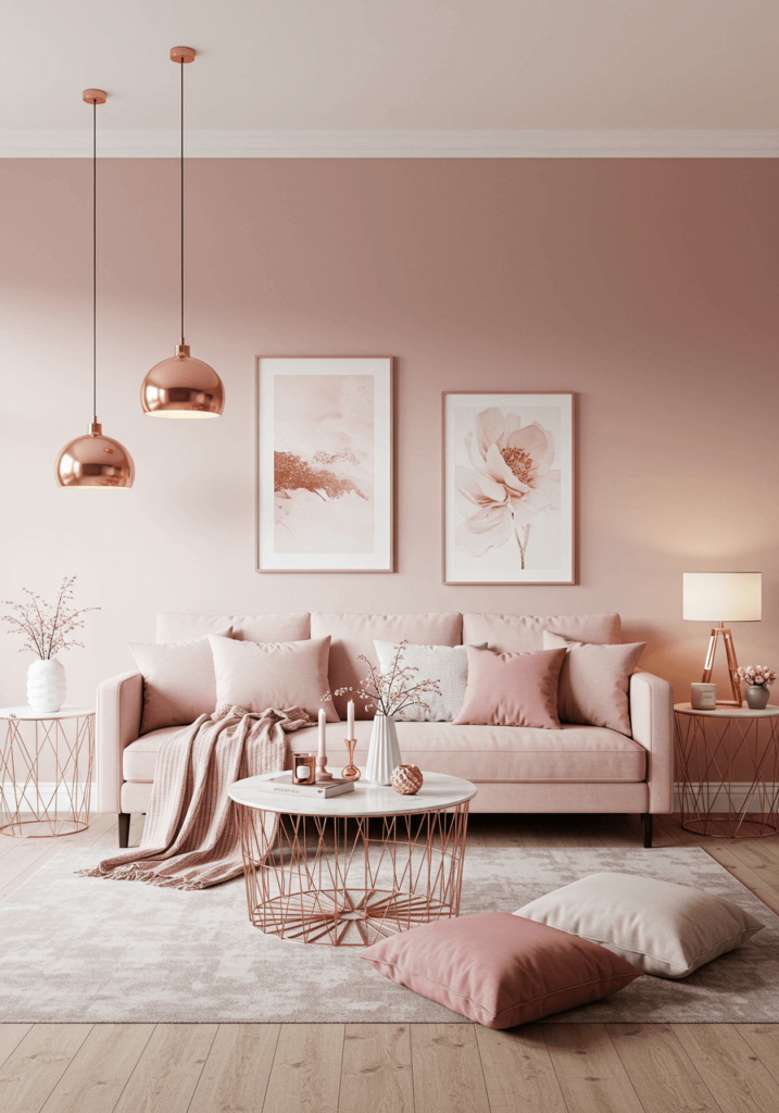 Blush pink living room with rose gold decor and cozy accents