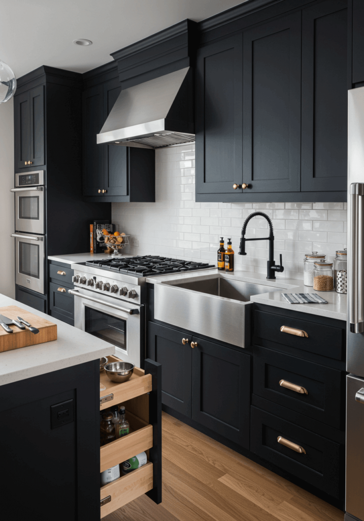 Bold Black and Wood Kitchen Cabinets