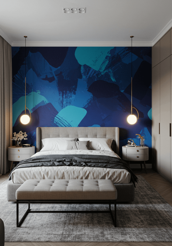 Bold Blue Mural Wall with Abstract Shapes