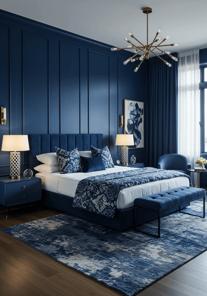 Bold Indigo Wall with White Bedding & Sculptural Lighting