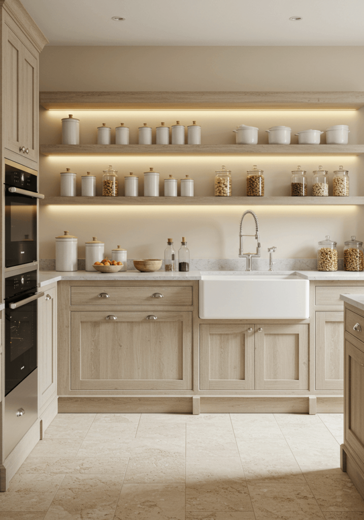 Bright Neutral Kitchen with Stone Flooring and Open Shelving