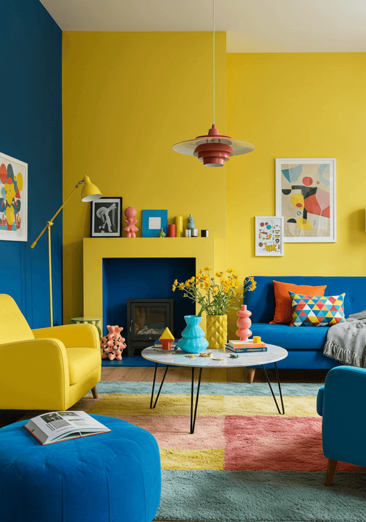 Bright yellow and blue living room