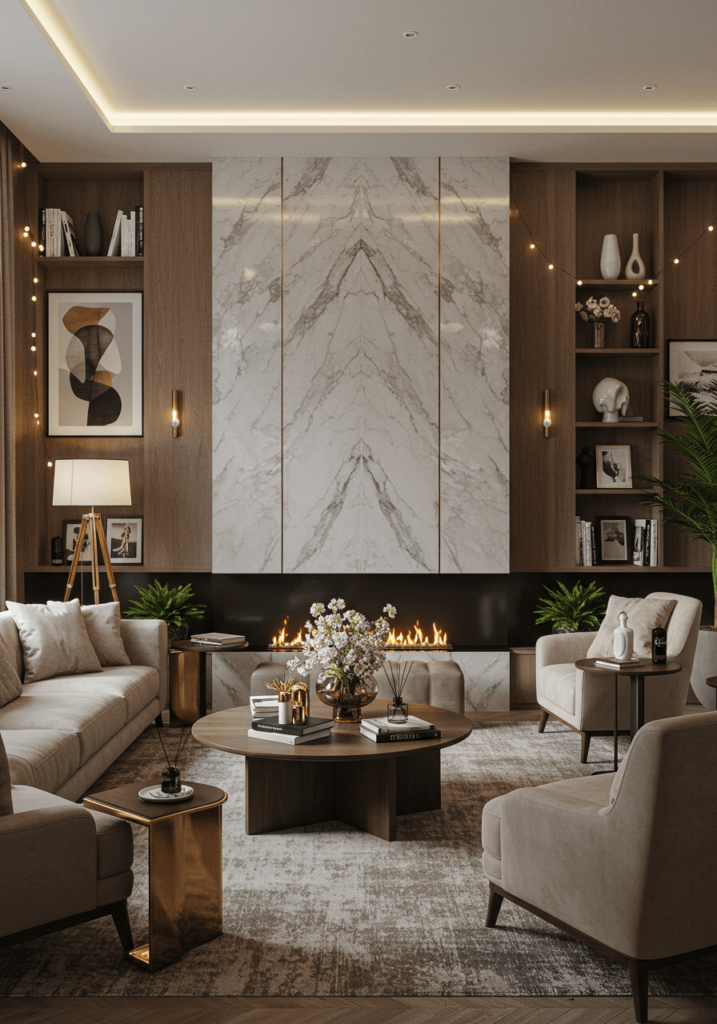 Built-in fireplace with marble panels