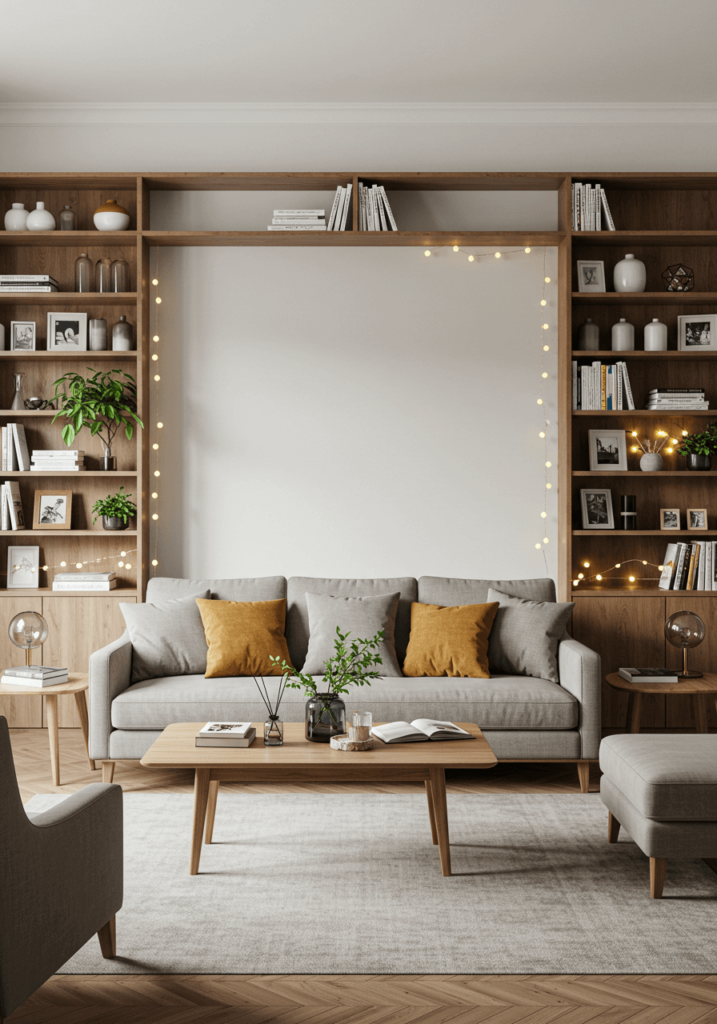 Built-in wooden shelves with books and decor