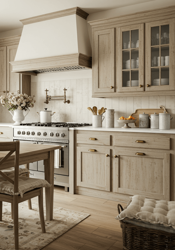 Charming Farmhouse Kitchen with Cream Tones and Floral Decor