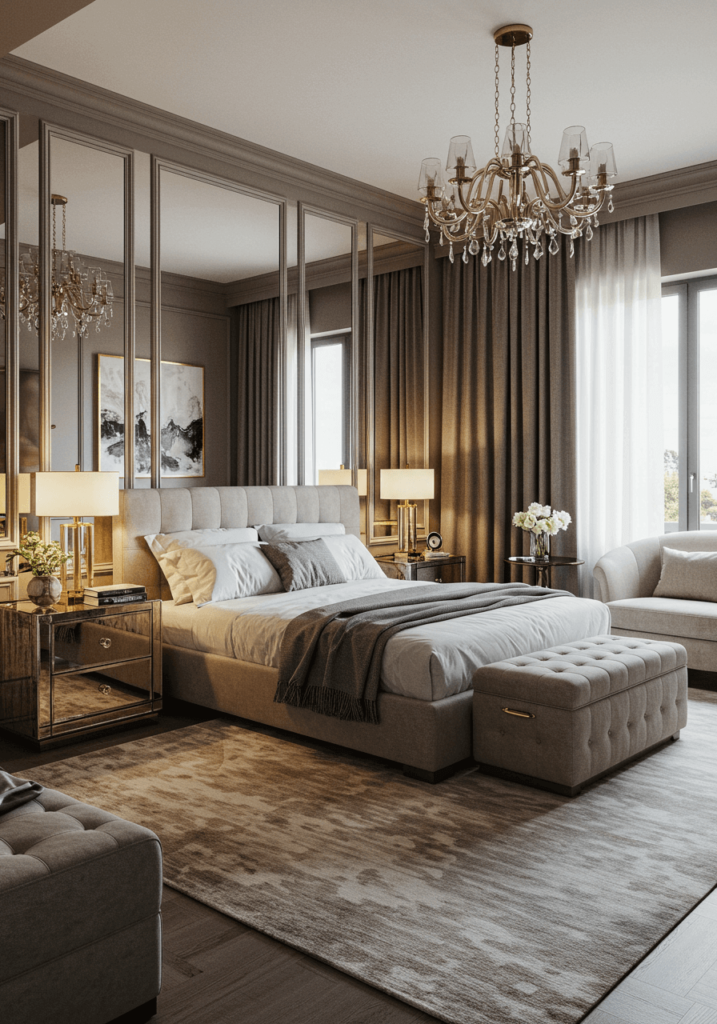 Chic Bedroom with Mirrored Furniture & Plush Bedding