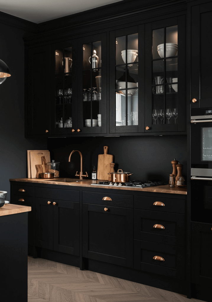 Chic Dark Kitchen with Copper Fixtures and Glass Display