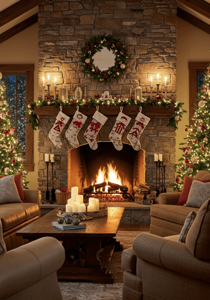 Christmas Living Room with a Cozy Fireplace