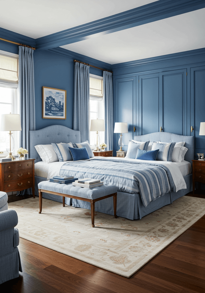 Classic Blue & White Bedroom with Striped Bedding