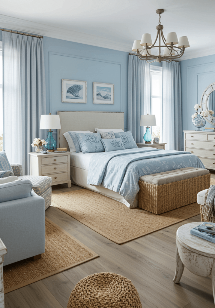 Coastal Bedroom with Sheer Curtains & Wicker Accents